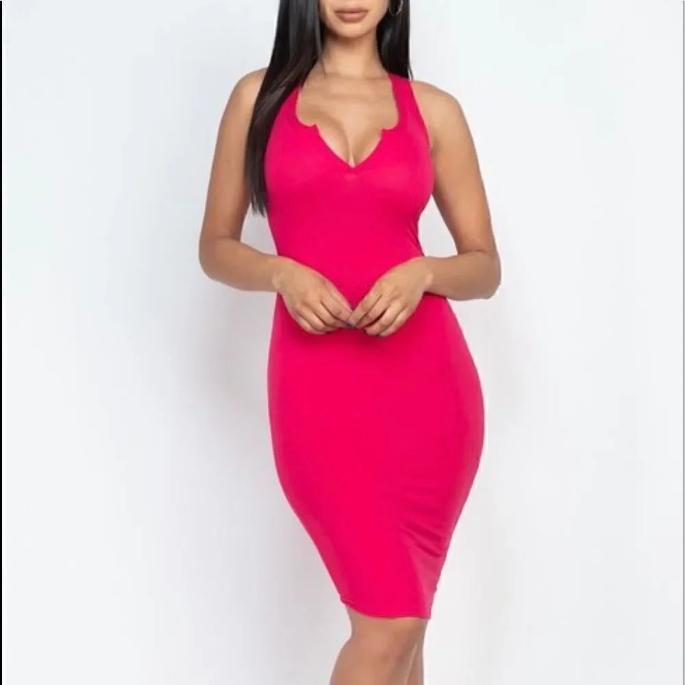 Pink split neck Dress Midi - Picture 4 of 7